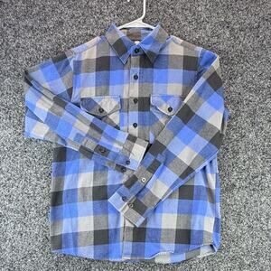 YAGO Shirt Mens Small Blue Gray Black Plaid Flannel Long Sleeve Button Front